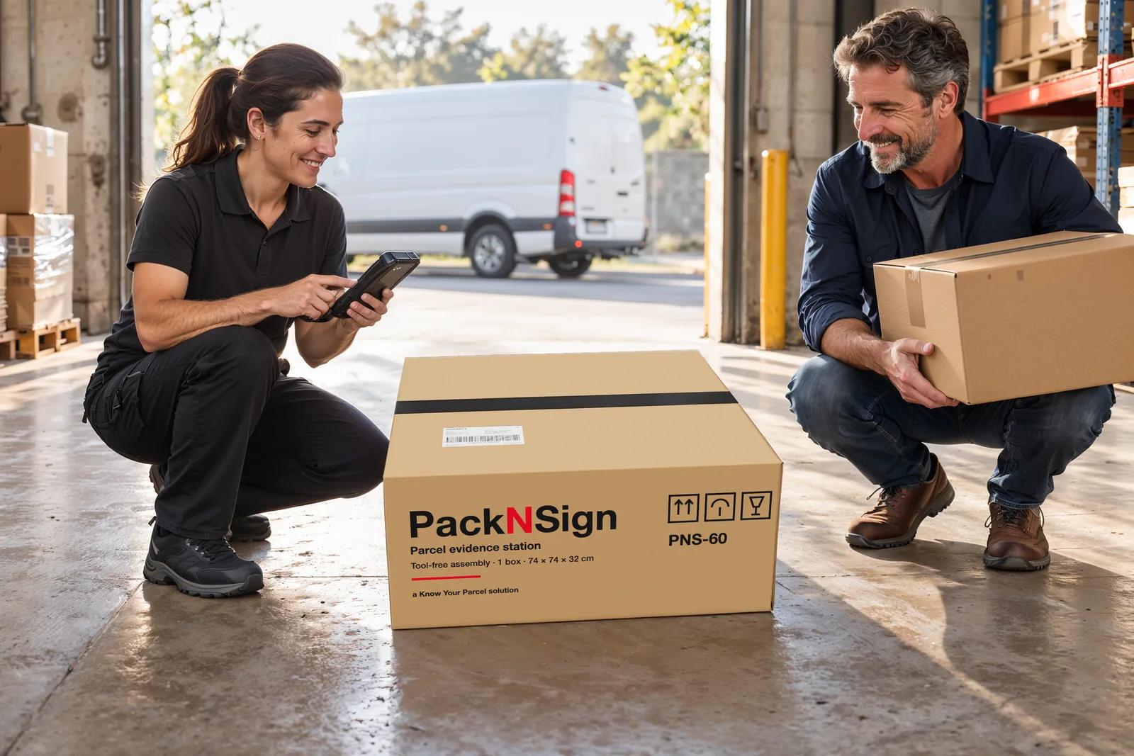 Un mensajero entrega una estación PackNSign de sustitución en su caja y recoge la dañada.